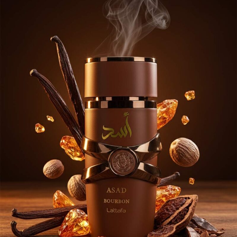 Lattafa Asad Bourbon arab parfüm üveg fahéjas, bourbonös gourmand illatstílusban