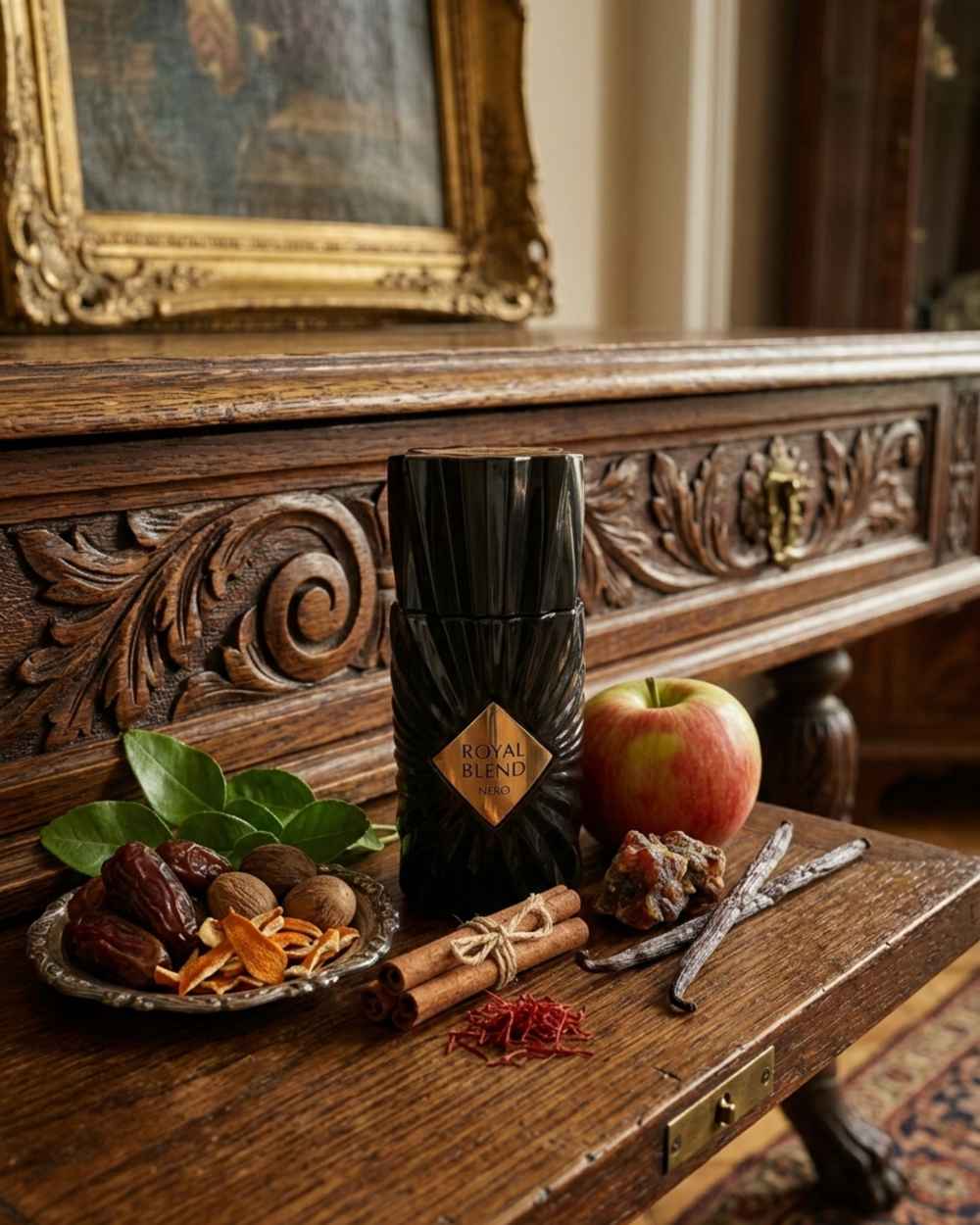 Royal Blend Nero eredeti arab parfüm üveg fűszeres és gyümölcsös illatjegyeket idéző kompozícióval.